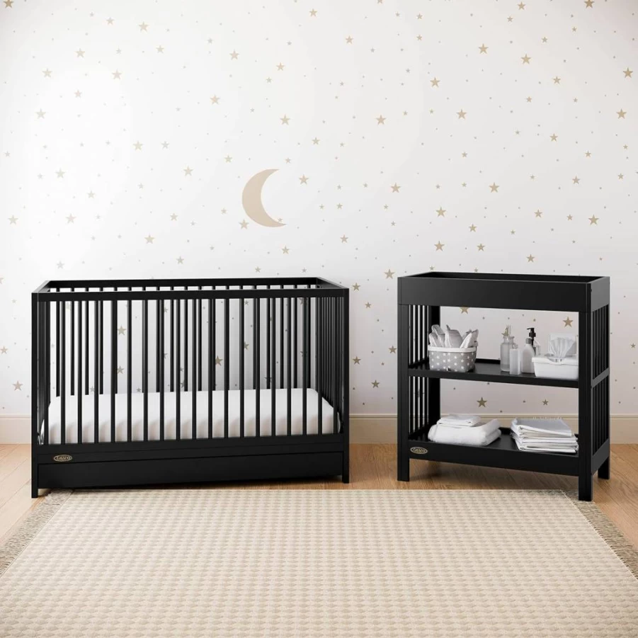 Graco Teddi 5-in-1 Convertible Crib with Storage Drawer - Greenguard Gold Certified, Pebble Gray & White, Converts to Toddler Bed, Full-Size Nursery Storage